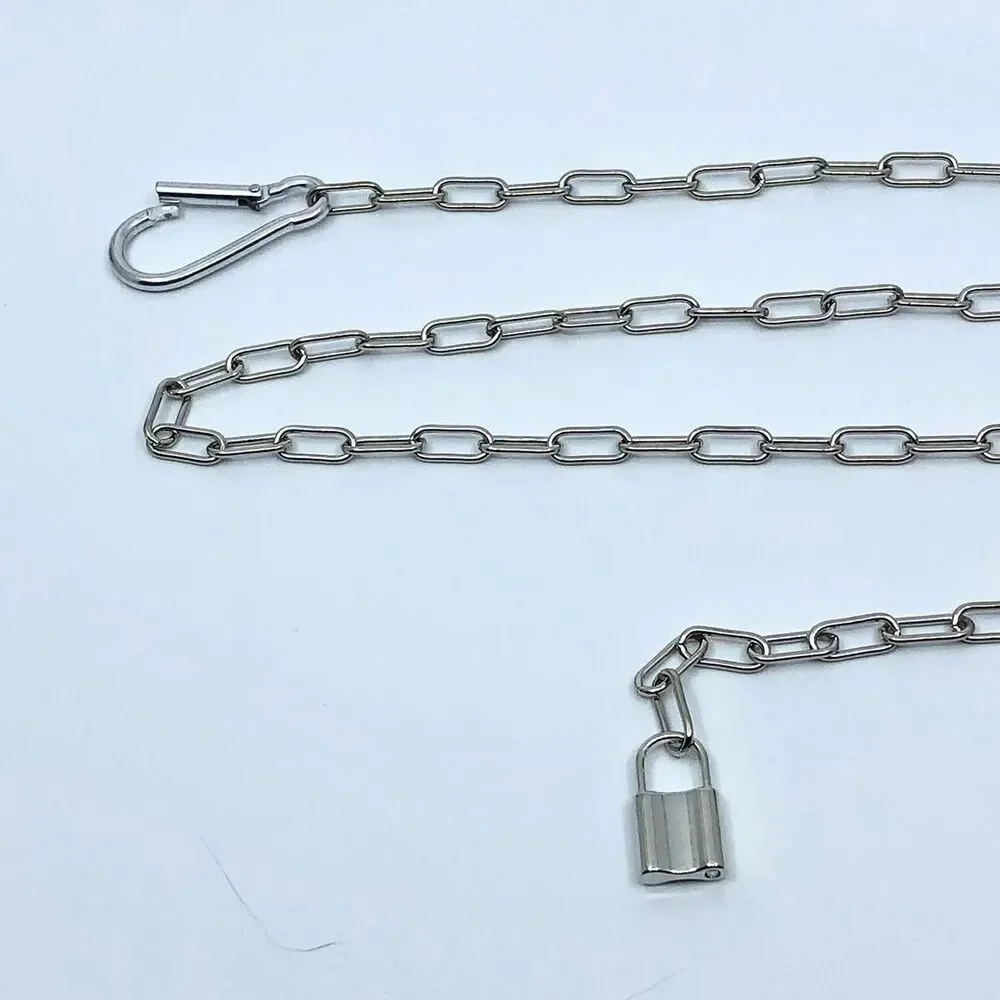 Vintage Y2K Cyberpunk Silver Padlock Chain Belt, Fits Up to 37 Inches, X7GA1226